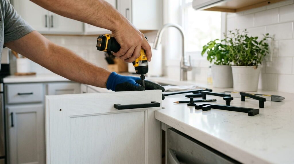 Installing matte black hardware on kitchen cabinet