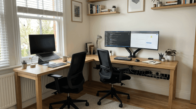 L-shaped desk setup giving two people separate work zones in a small room