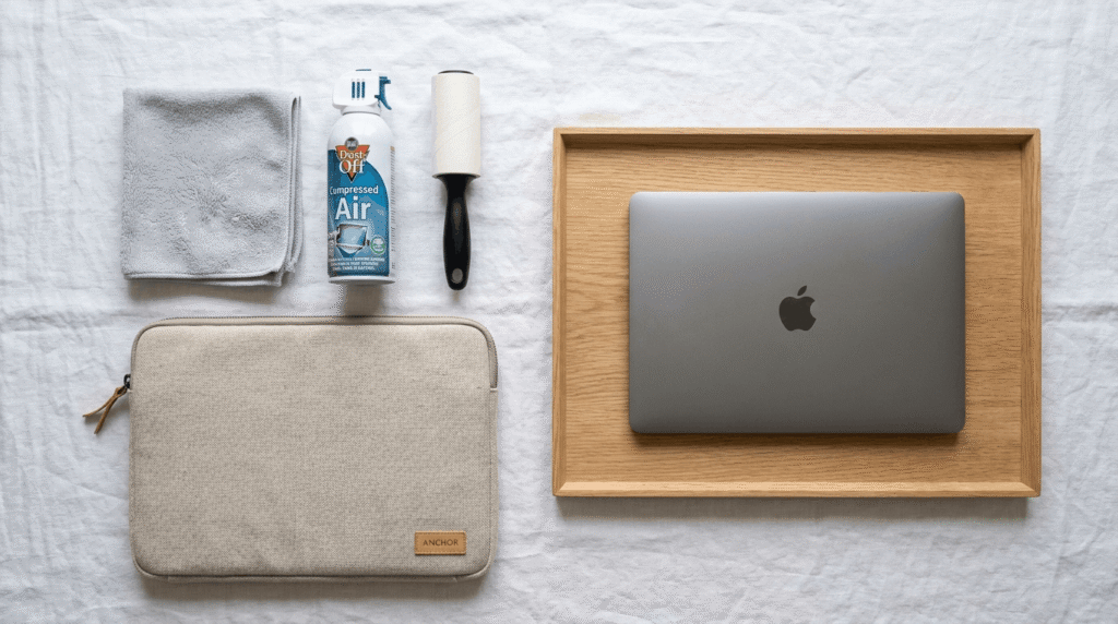 Laptop cleaning kit with microfiber cloth, compressed air, and lint roller for bed use