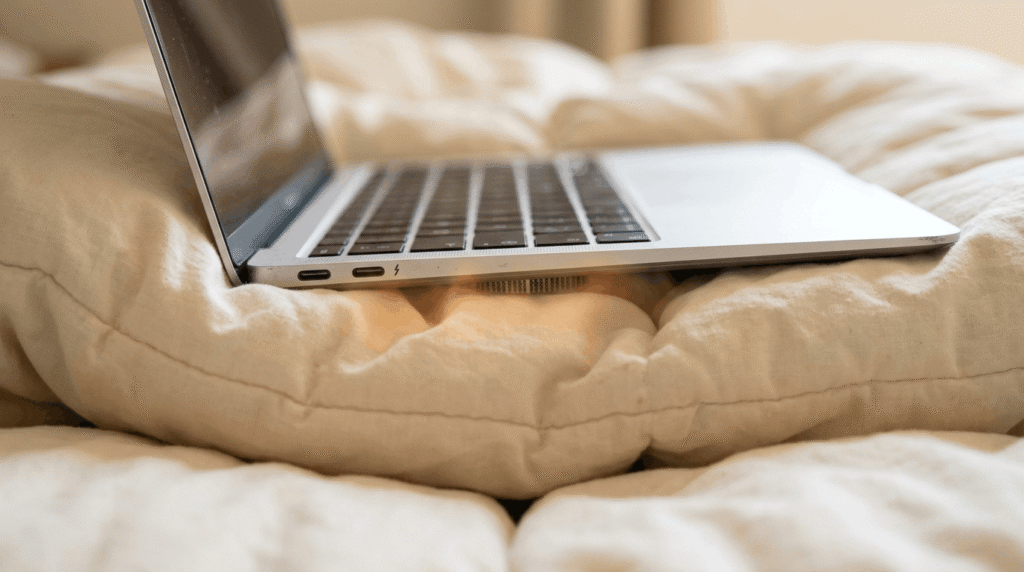Laptop sinking into a soft duvet that blocks the bottom air vents