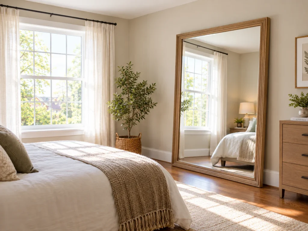 Large framed mirror positioned opposite a bedroom window reflecting natural daylight into the room