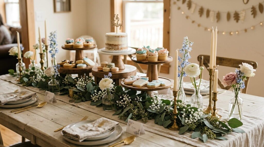 Layered baby shower table decorations with linen runner, eucalyptus garland, and brass candle holders