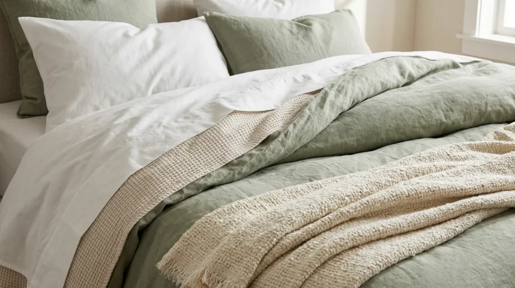Layered bedding showing percale sheets, a lightweight blanket, duvet, and folded throw
