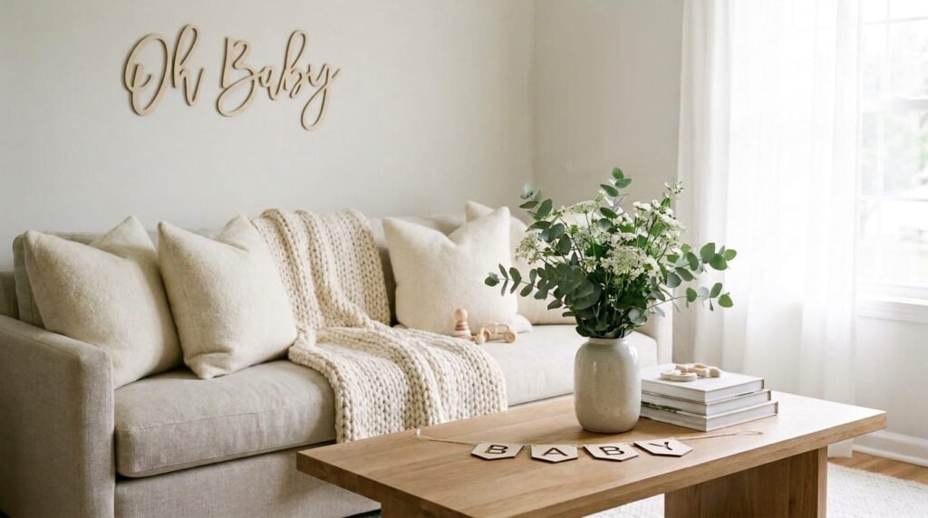 Living room styled with subtle baby shower decor that blends into existing home interiors