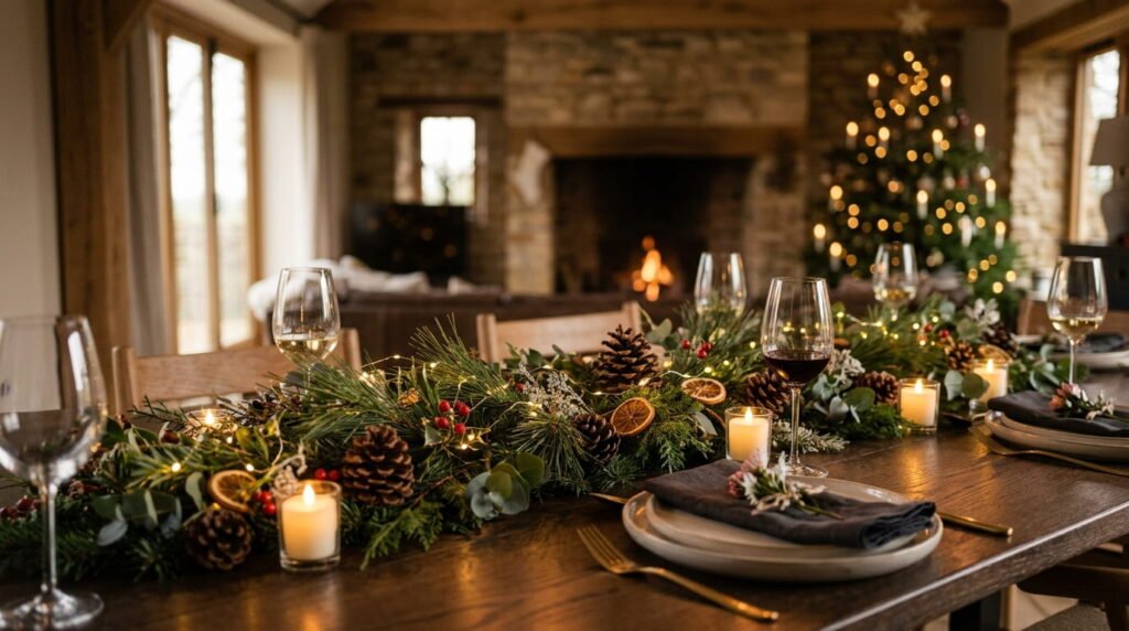Low-profile Christmas table centerpiece with pine garland and short pillar candles under 12 inches high
