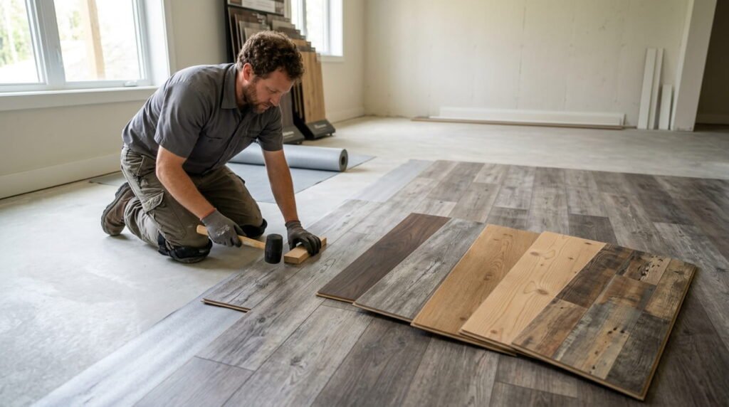 Luxury vinyl plank flooring samples or installation over a slab