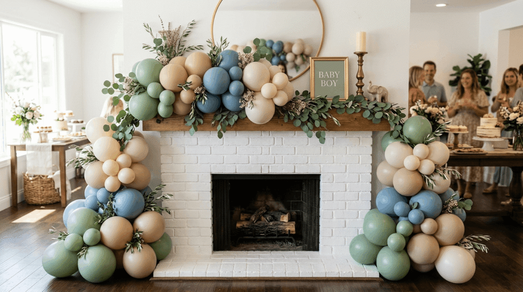 Matte balloon pillar decor and garland styled on a mantel for an elevated baby shower