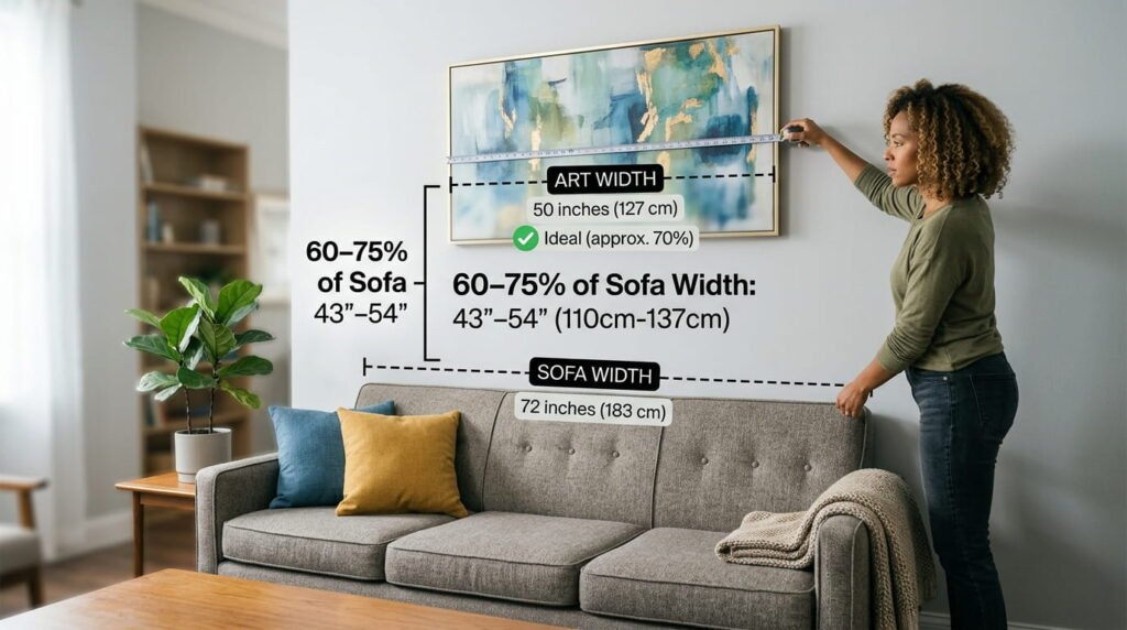 Measuring wall art width using 60–75% rule above sofa