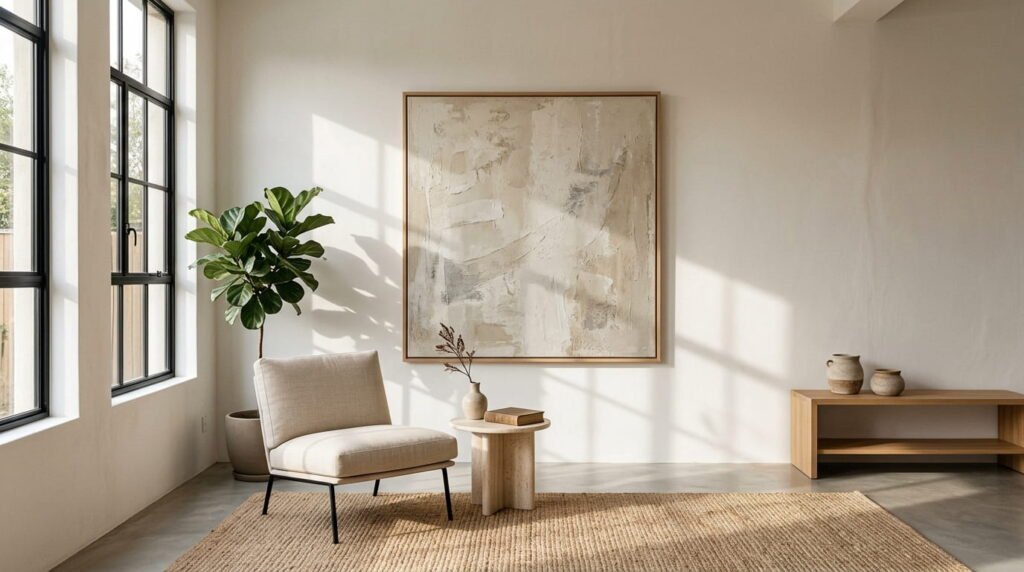 Minimalist wall art decor with oversized matting in bright living room