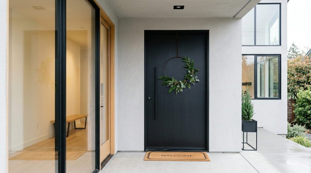 Modern minimalist Christmas hoop wreath on a black door