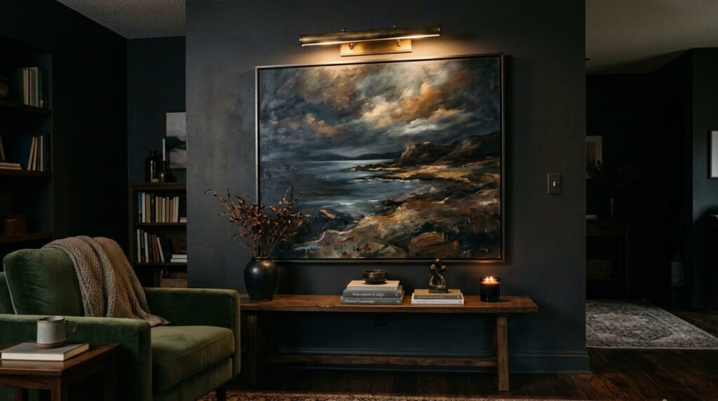 Moody large wall art with brass picture light in dim living room