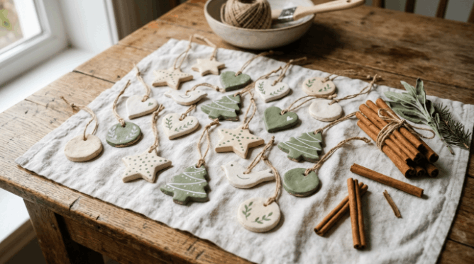 Muted-tone salt dough ornaments laid out on linen fabric