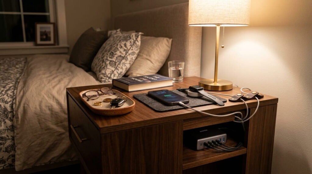 Nightstand charging station with leather cord keepers, ceramic catchall, and hidden power brick