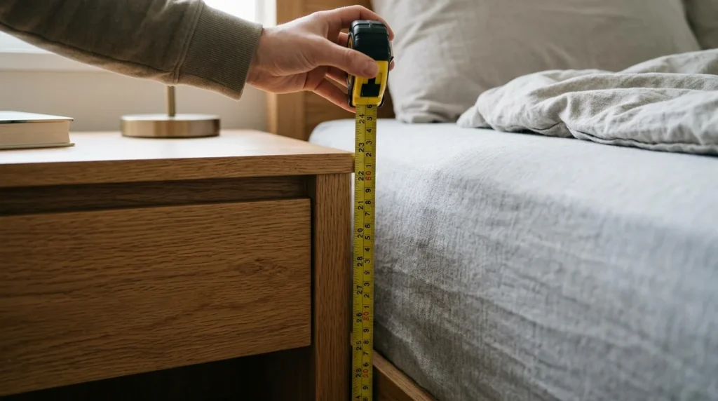 Nightstand height measured level with a mattress top using a tape measure"