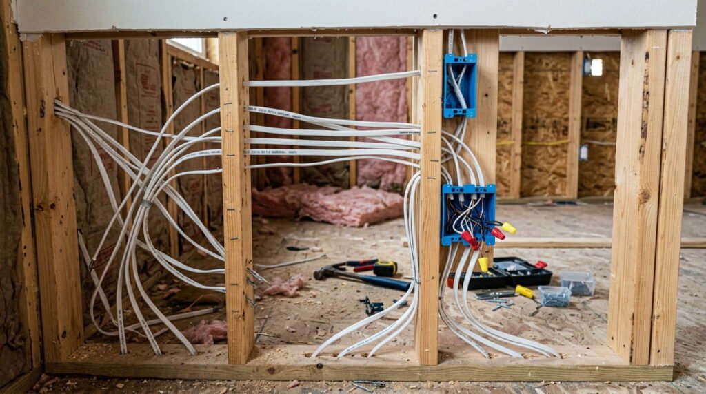 Open wall cavity showing electrical wiring rough-in
