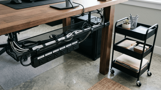 Organized under-desk cable management and rolling storage cart
