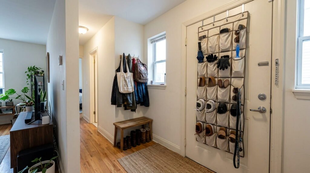 Over-the-door shoe organizer used on interior door for apartment entryway