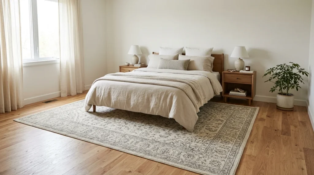 Queen bed on an 8 by 10 area rug with an even border of exposed floor around the edges