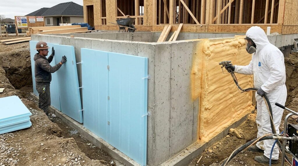 Rigid foam board or closed-cell spray foam applied to a foundation wall