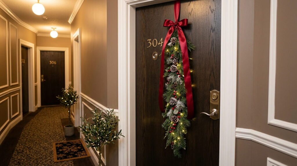 Small apartment Christmas door decoration with slim vertical swag