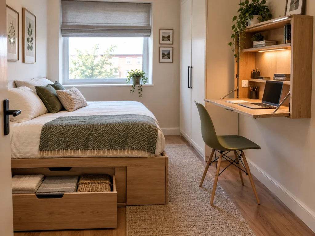 Small bedroom with a storage bed frame and a fold-down wall desk used as a workspace