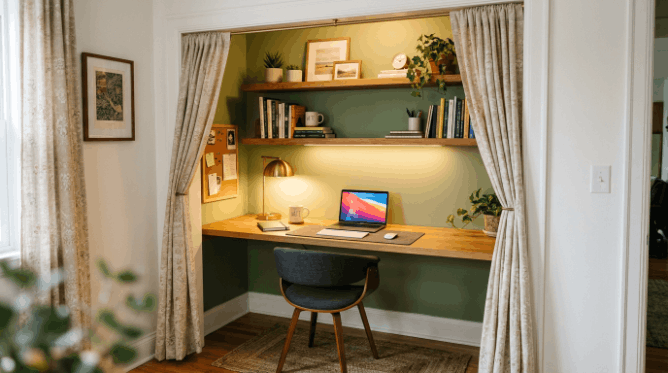 Small closet converted into a compact desk office nook