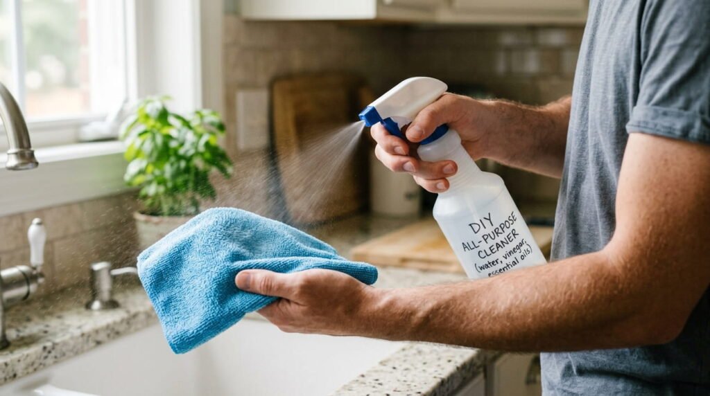 Spraying DIY cleaner onto microfiber cloth