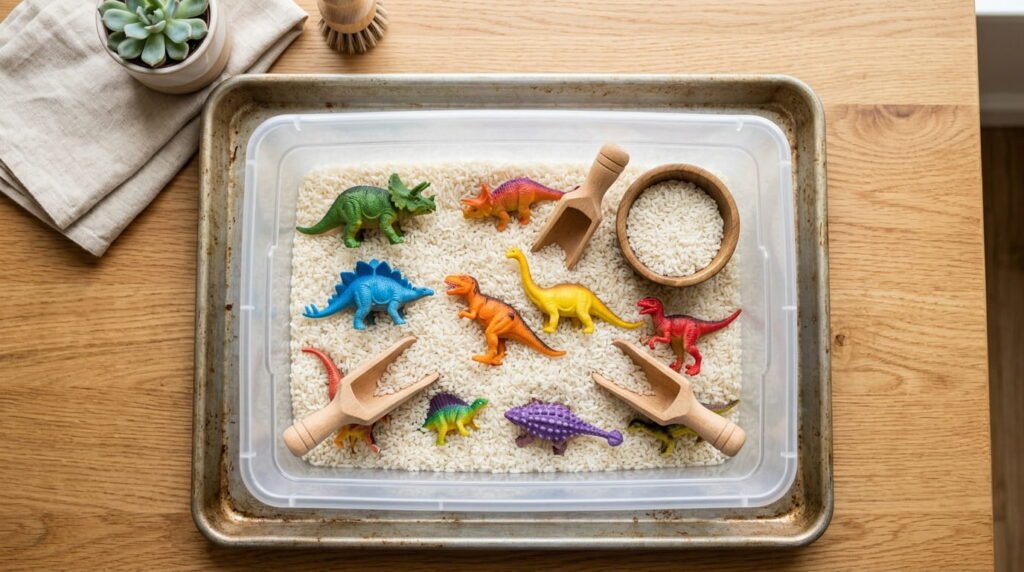 Dry white rice and plastic toy dinosaurs inside a clear lidded sensory storage bin with wooden scoops