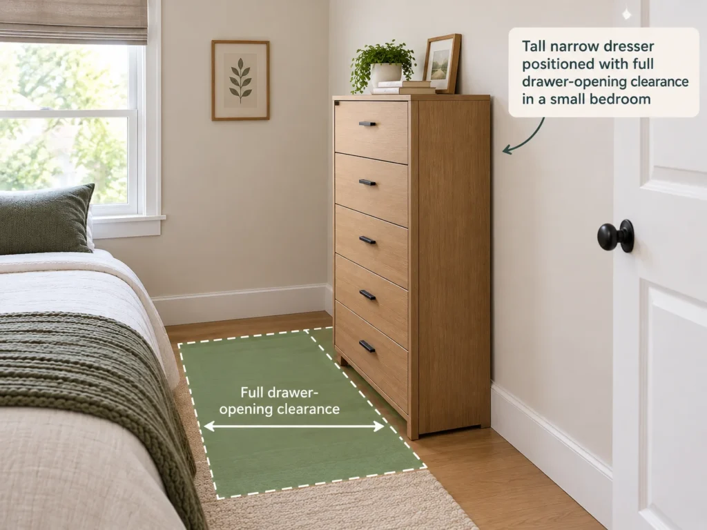 Tall narrow dresser positioned with full drawer-opening clearance in a small bedroom
