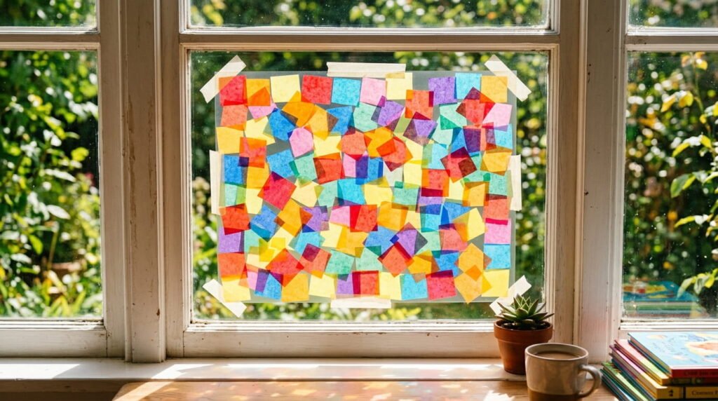 Colorful tissue paper squares pressed onto a clear contact paper suncatcher taped to a sunny window