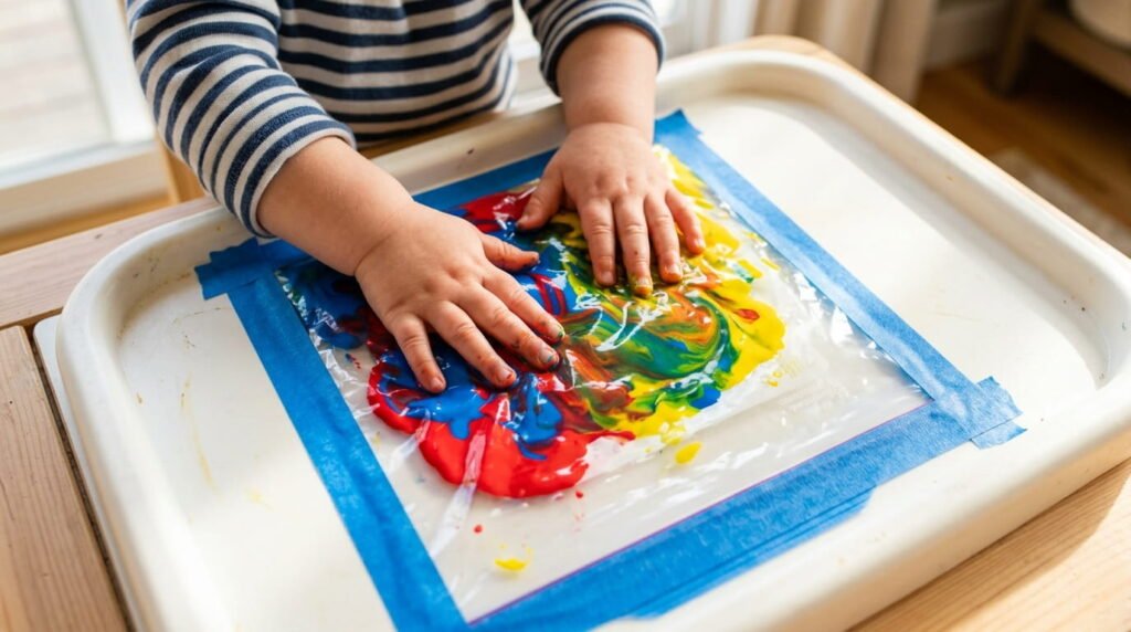 Toddler squishing bright washable paint inside a sealed gallon zip-top bag taped to a window for mess-free sensory play