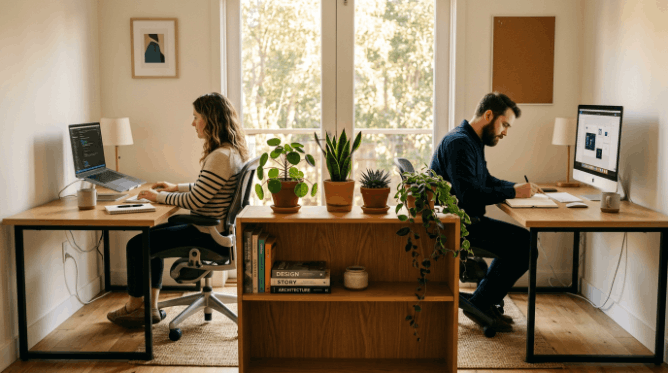 Two facing desks separated by a low bookshelf divider with plants