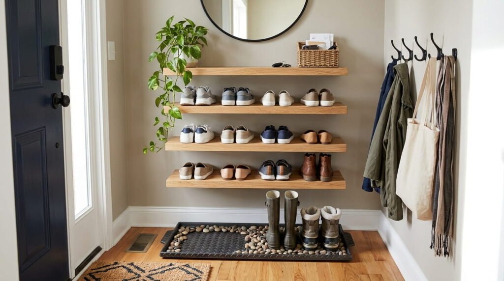 Wall-mounted floating shelves and boot tray for small entryway shoe storage ideas
