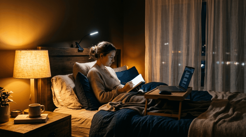 Warm bedside lamp, clip light, and sheer curtains create glare-free lighting for working in bed