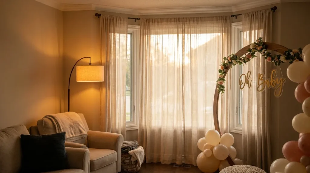 Warm lamp and sheer linen curtains creating soft lighting for a home baby shower