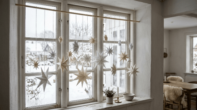 White and cream folded paper stars hanging in a window