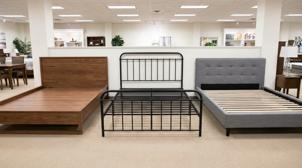 Wood platform bed frame, metal bed frame, and upholstered bed frame compared side by side