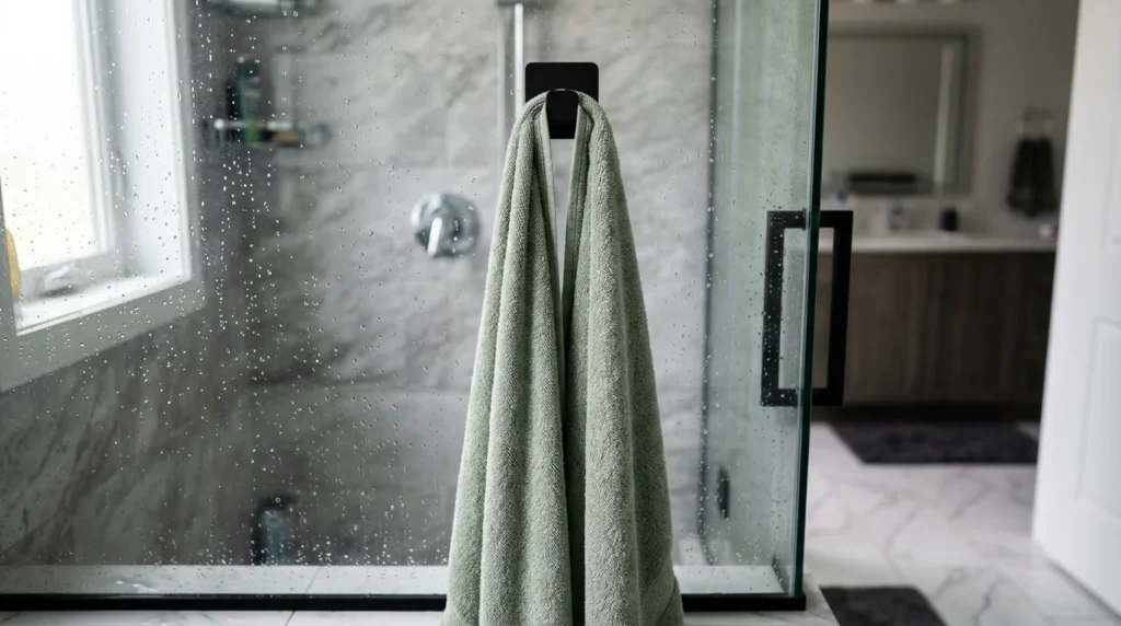 Matte black hook on a glass shower enclosure holding a sage bath towel right where you step out