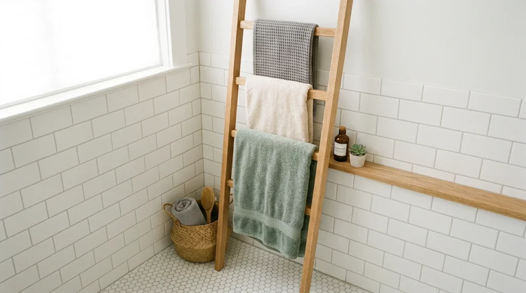 Slim wooden ladder leaning in a bathroom corner with three towels draped in layers, no wall mounting needed