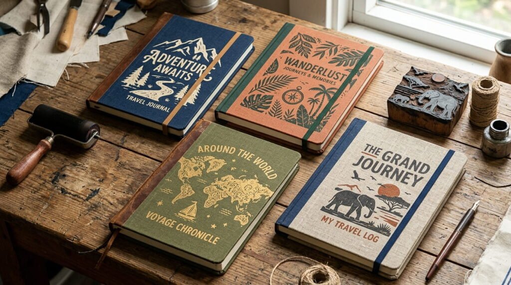 Linen travel journals block-printed with mountain, wave and arch stamps, arranged on a shelf