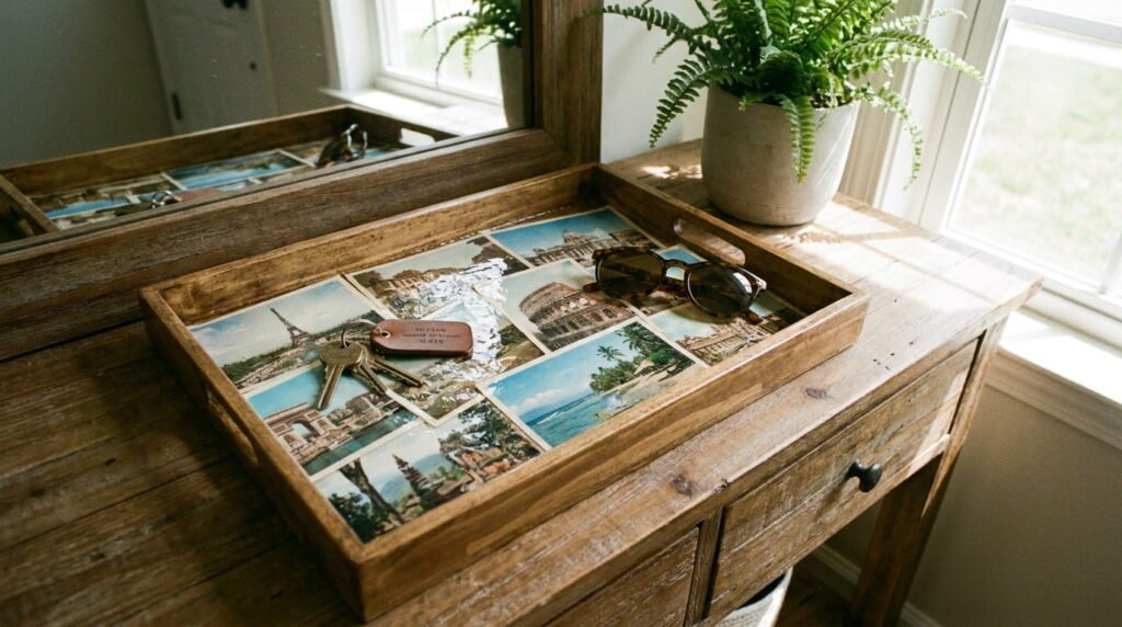 Decoupage wooden tray covered in travel photos, holding keys and sunglasses on an entryway console