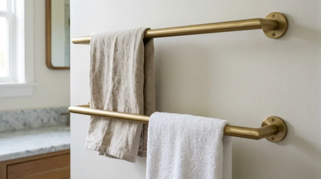 Two stacked brushed brass towel bars with towels hanging apart so air can circulate between them