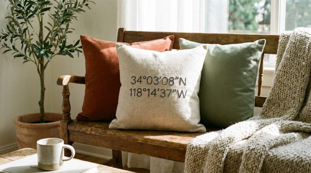 Linen throw pillow with minimalist hand-stitched coordinates, styled with solid terracotta and sage cushions
