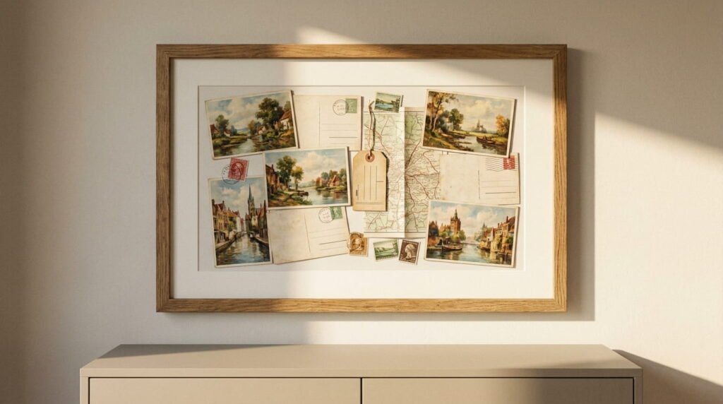 Large framed collage of vintage postcards, map pieces, a luggage tag and stamps hung as a statement piece