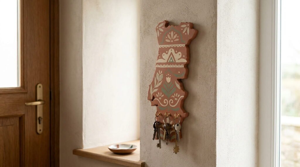 Hand-painted wooden country-shaped key holder with brass hooks and keys mounted by the front door