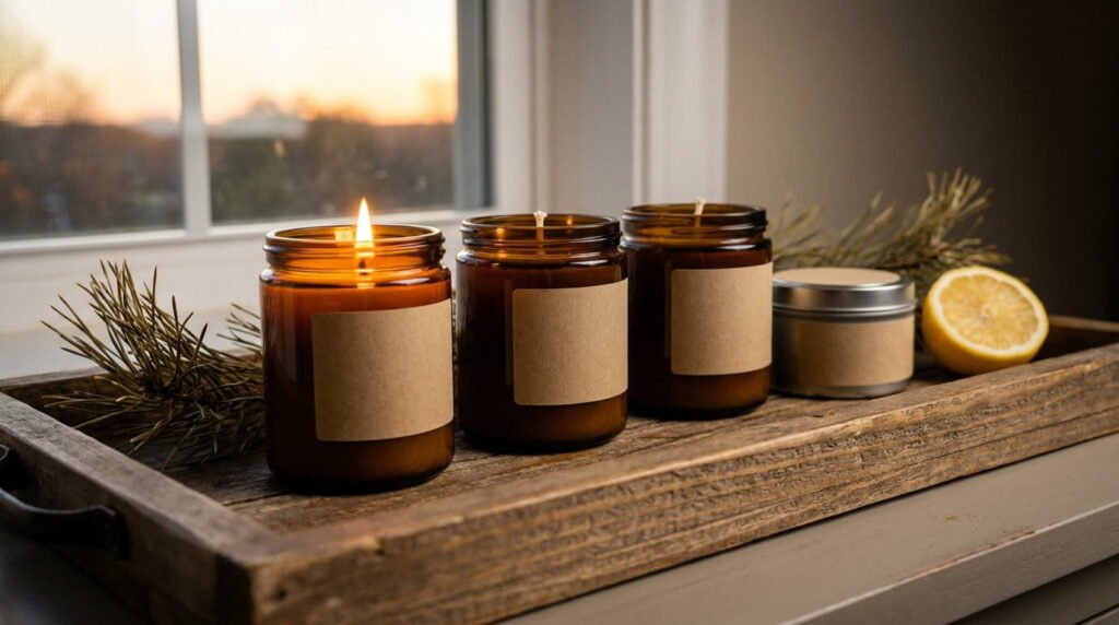 Row of hand-poured soy candles in amber jars on a wooden tray, one lit, styled with dried pine and a halved lemon