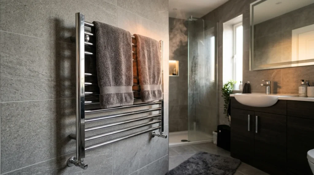 Wall-mounted heated towel rail with two folded towels in a modern primary bathroom