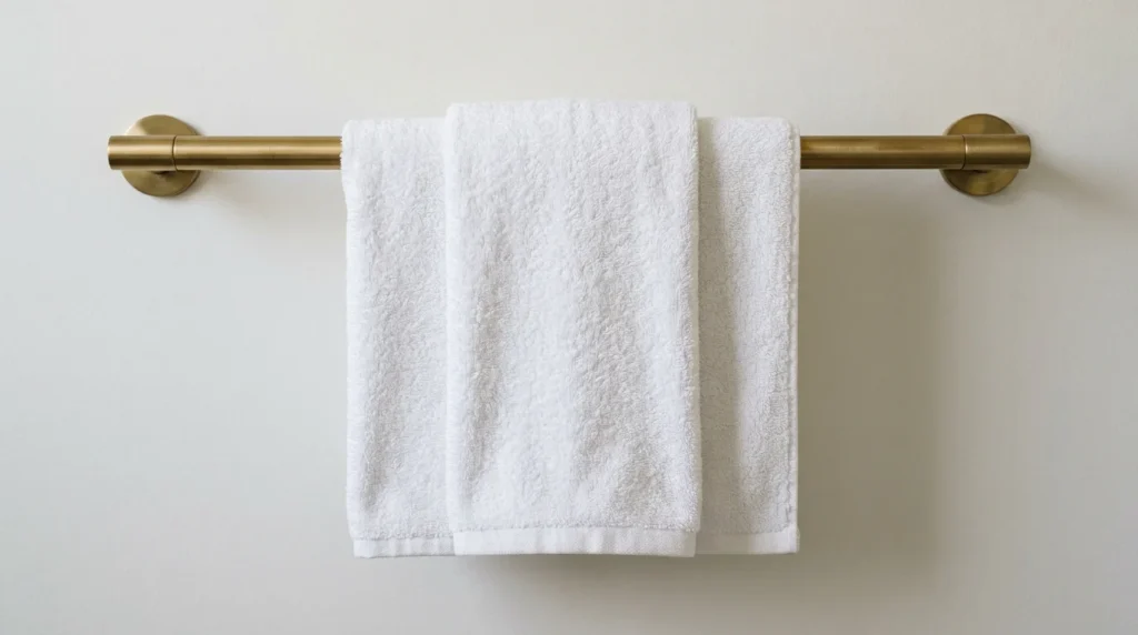 Bath towel in a hotel-style tri-fold draped over a brass bar with the clean folded edge facing out
