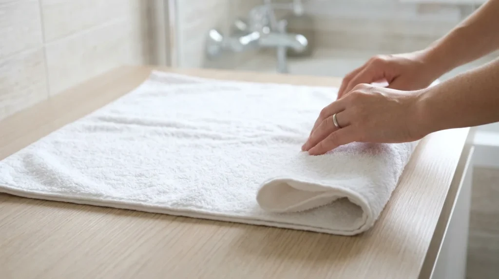 Four steps for folding a bath towel in thirds lengthwise, then in half, then draping it over a bar