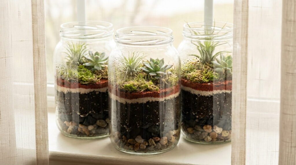 Three glass jar terrariums on a sunny windowsill with layered pebbles, soil, pale sand stripes and moss